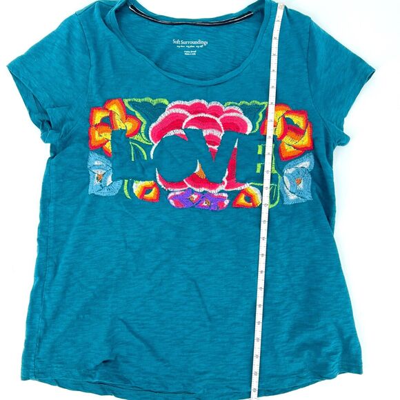 Soft Surrounding LOVE Embroidered Floral Teal Graphic Tee Size SP - Picture 6 of 9